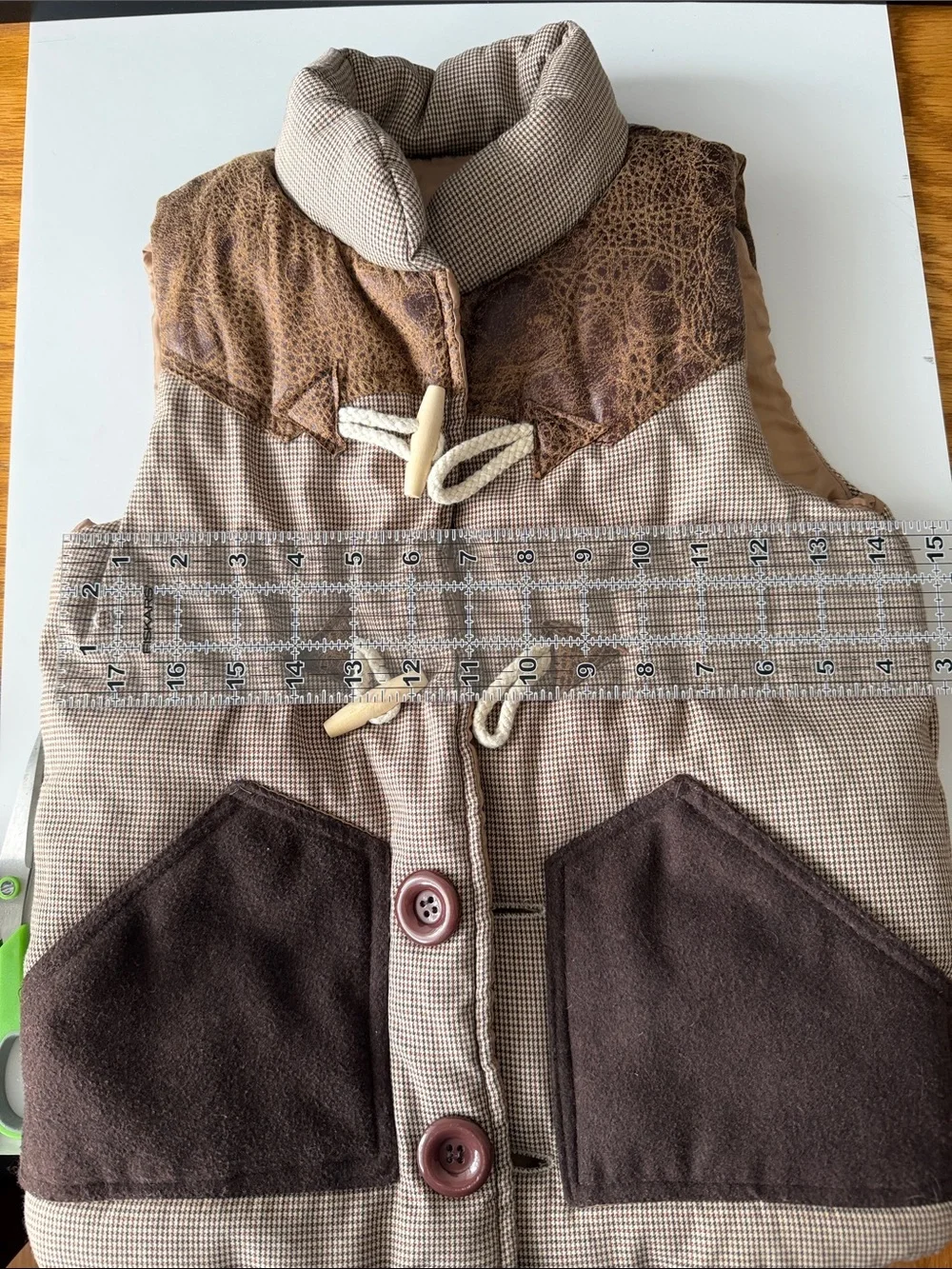 Zara Kids Vintage Western Toggle Puffer Vest - Houndstooth & Faux Leather